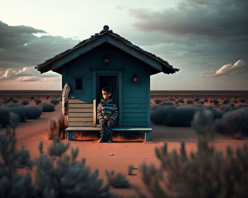 Man sitting on porch of small blue hut in desert landscape at dusk