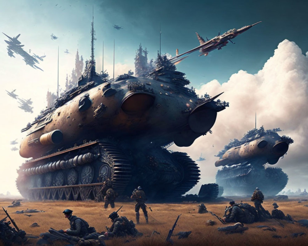 Futuristic battle scene with soldiers, tank-like vehicles, and aircraft in desolate landscape