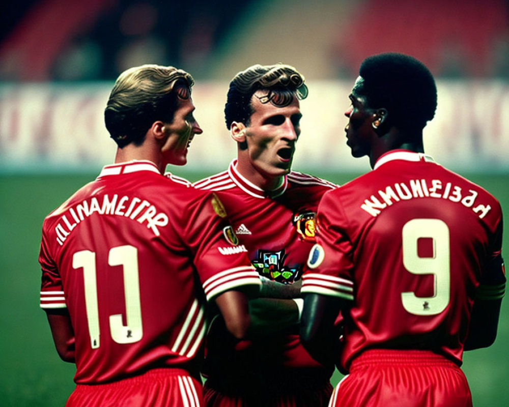 Three soccer players in red jerseys huddle closely on field