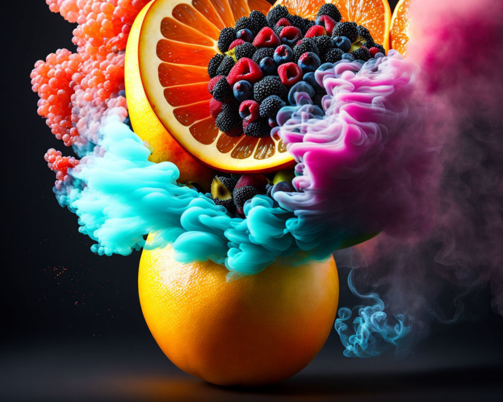 Colorful Still Life: Sliced Orange, Berries, and Smoke in Pinks, Blues,