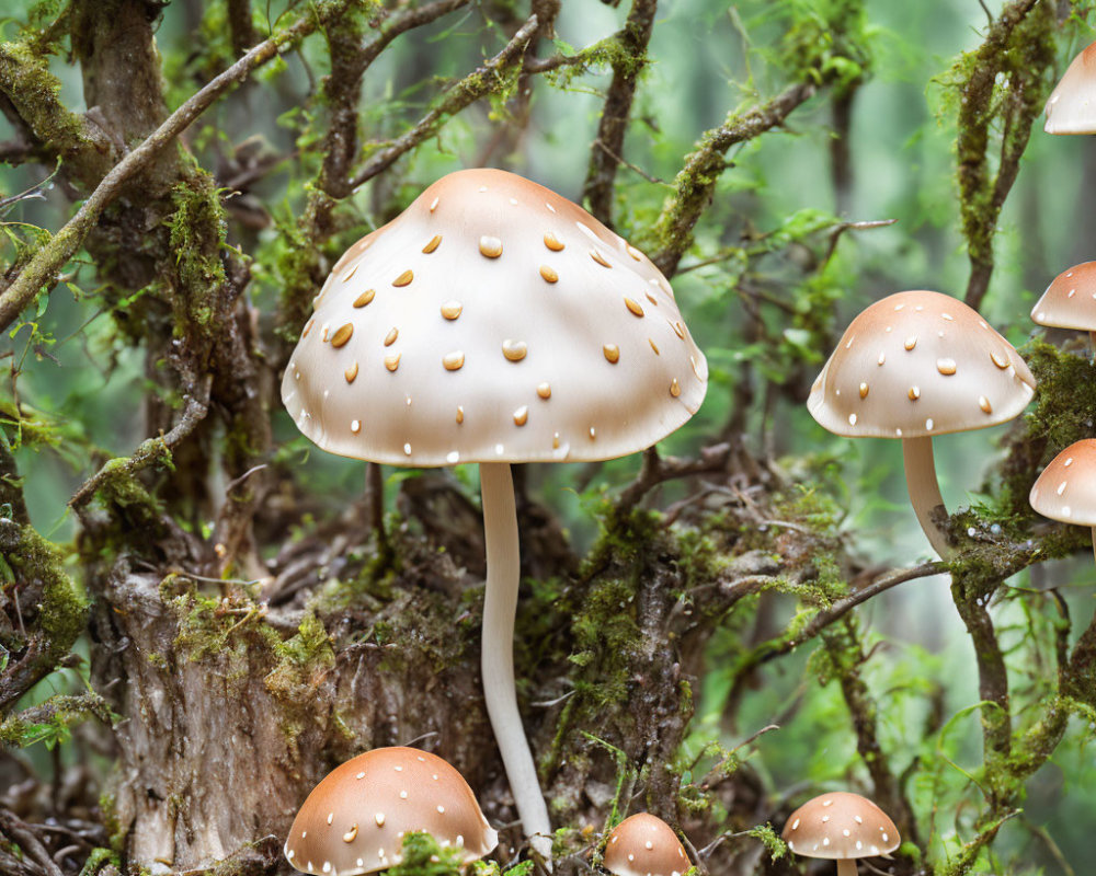Assorted mushrooms with white stems and dotted caps in forest setting