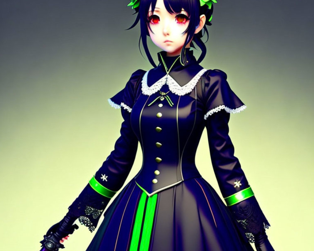 Anime-style girl in gothic dress with neon green accents and cane