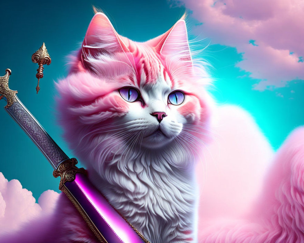 Pink and White Cat with Blue Eyes Holding Sword in Whimsical Cloudy Scene