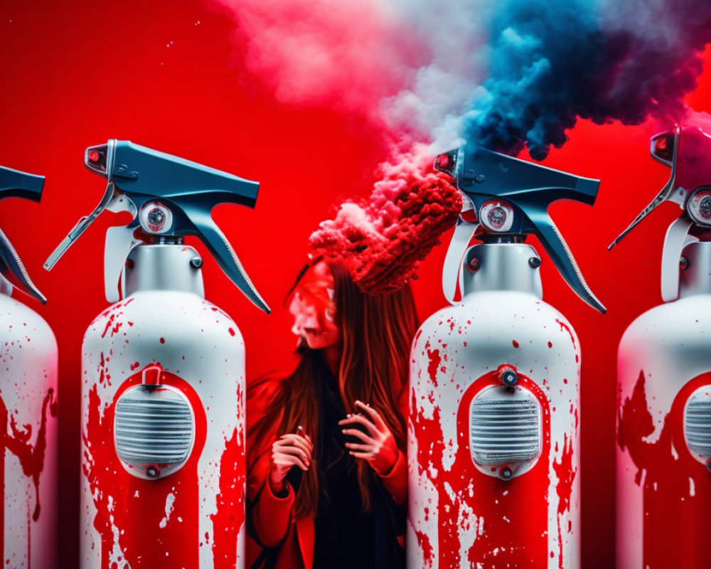 Woman surrounded by fire extinguishers and smoke flare on red background