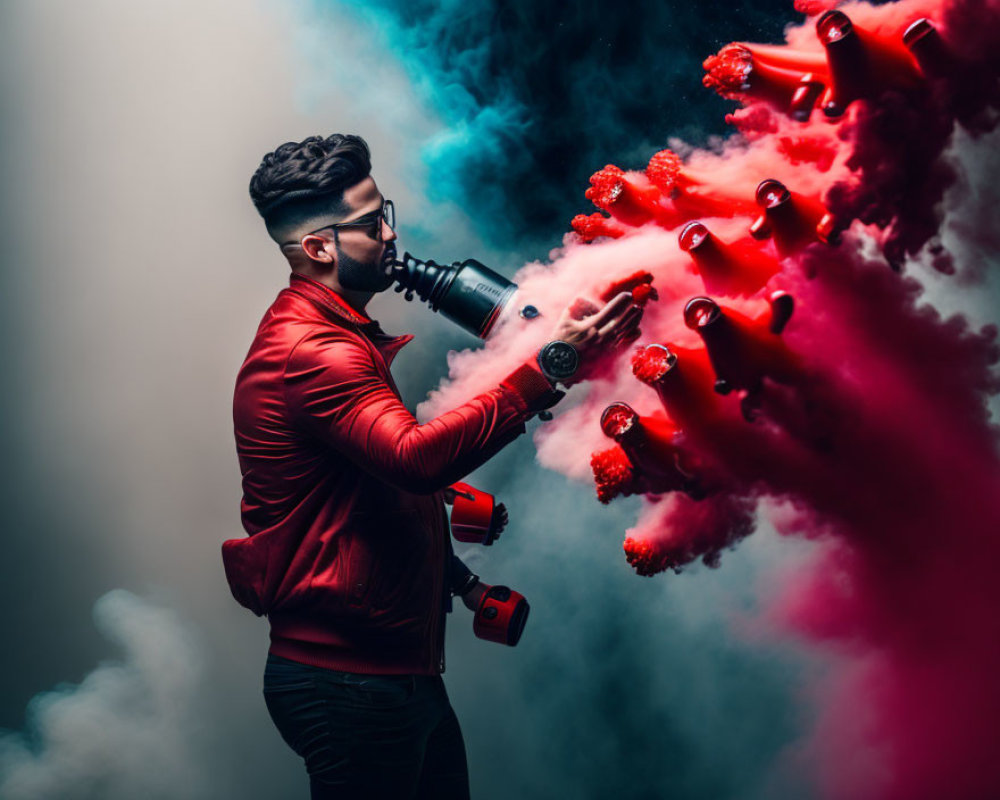 Person in Red Jacket Wearing Gas Mask with Smoke Grenade