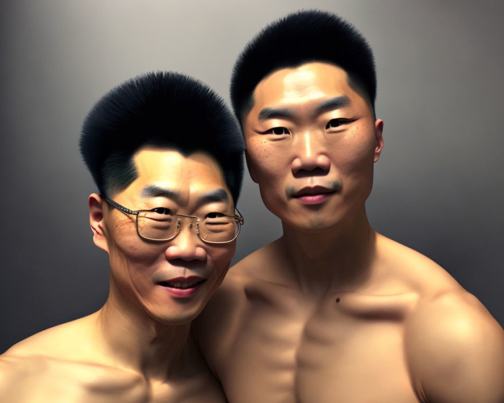 Stylized digital characters with exaggerated hair and glasses, one smiling, one neutral.