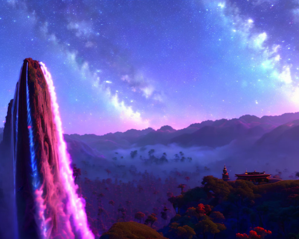 Night scene with purple-lit waterfall, misty woods, starry sky, and traditional building on