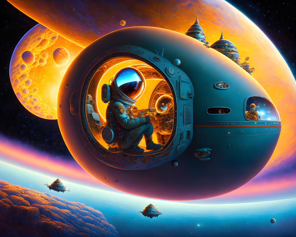 Astronaut in round spacecraft above colorful alien planet with moons.
