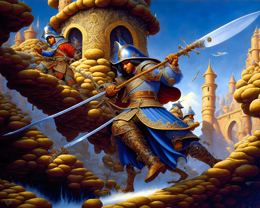 Armored knights with swords on golden clouds before fantastical castle