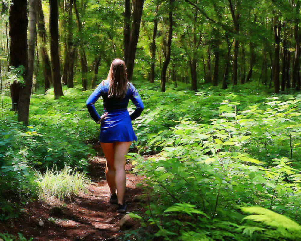 Person in Blue Shirt and Skirt Walking on Forest Trail Amid Lush Green Foliage