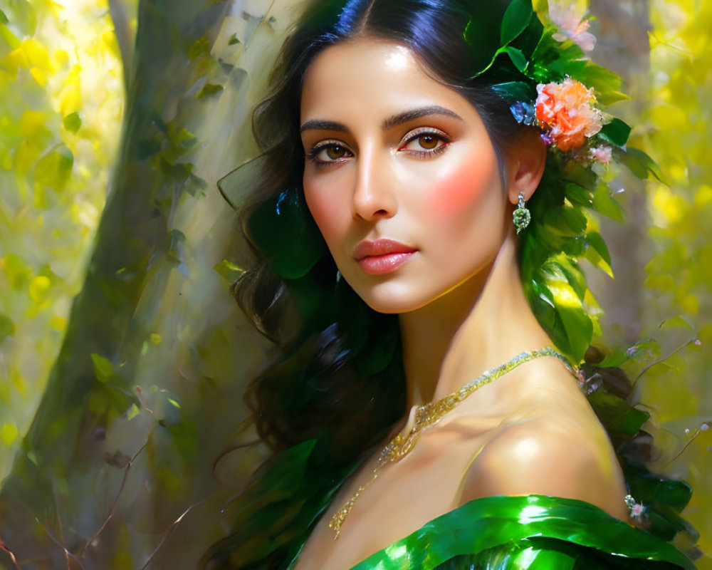 Portrait of Woman in Floral Headpiece and Green Dress Against Forest Background