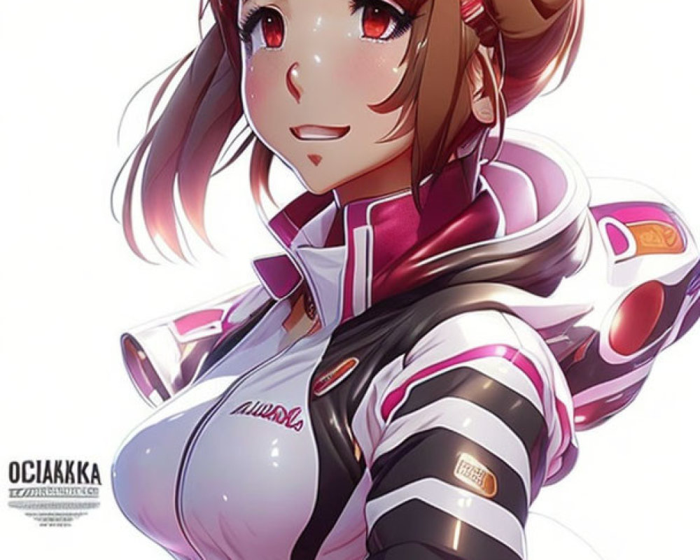 Brown-Haired Anime Girl in Futuristic White and Pink Spacesuit