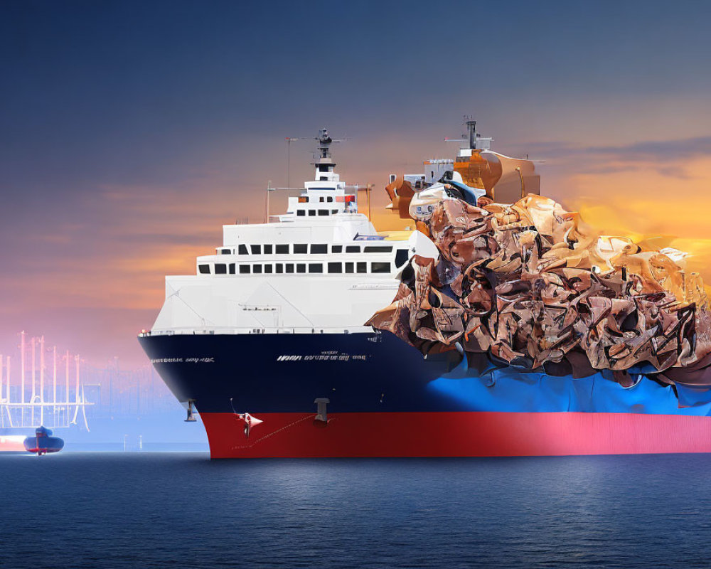 Cargo ship sailing at dusk with large scrap metal pile on deck near port.