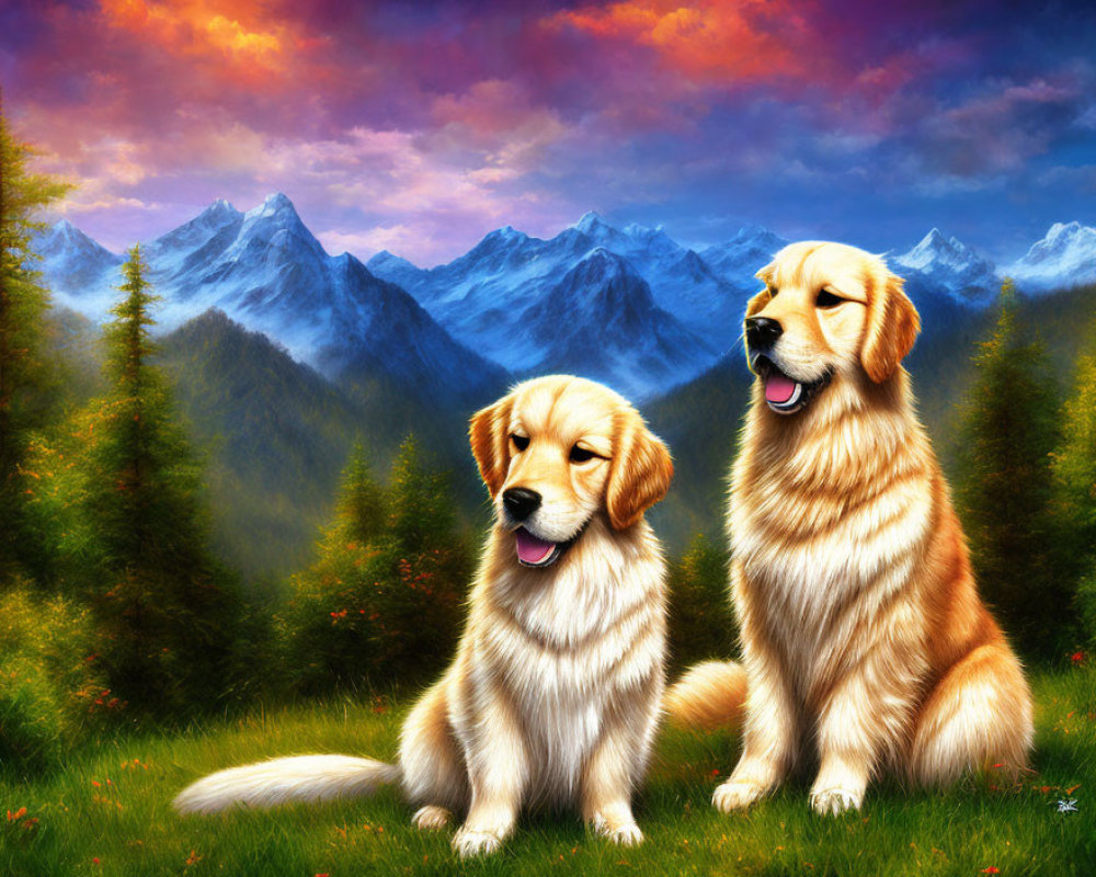 Two golden retrievers in vibrant landscape with pine trees and misty blue mountains