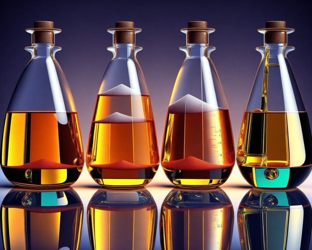 Glass flasks with amber liquid levels on reflective surface with blue-purple background