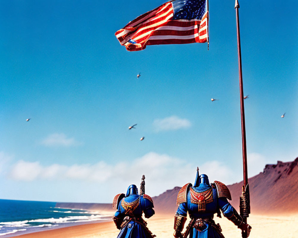 Two figures in traditional armor with American flag on beach, birds flying in blue sky