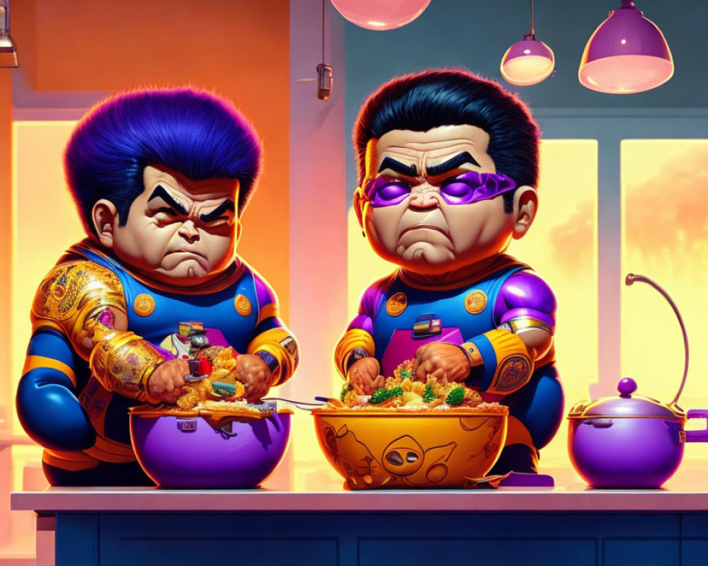 Exaggerated frowns on animated characters in colorful kitchen
