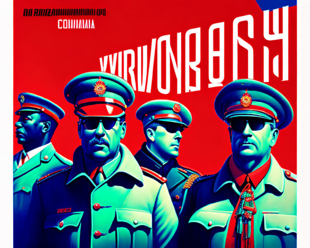 Stylized animated military figures with medals on red background and Cyrillic text