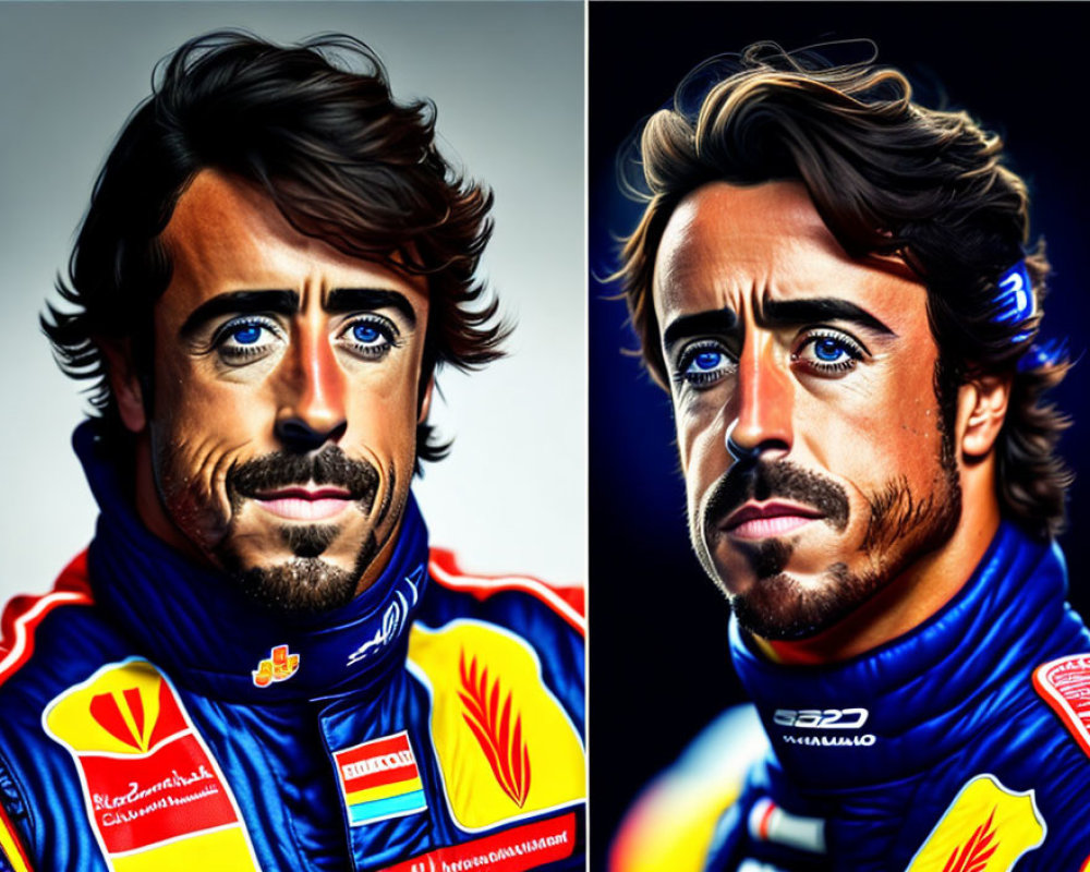 Diptych portrait of man in racing suit with beard and mustache