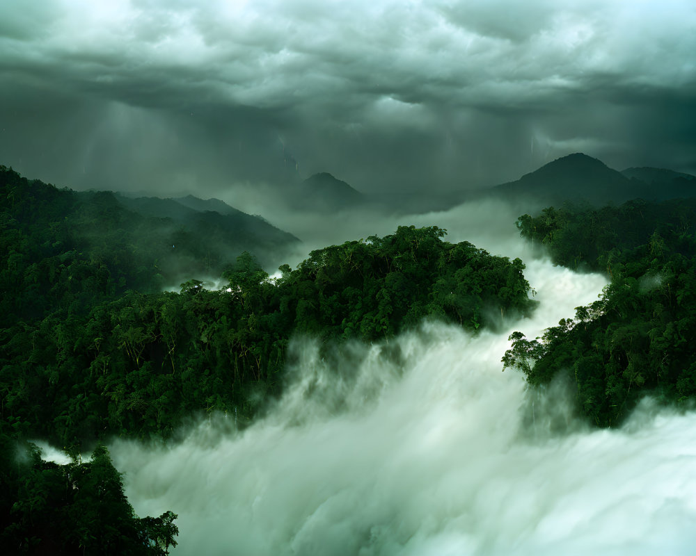 Mystic rainforest landscape with fog, mountains, and stormy sky