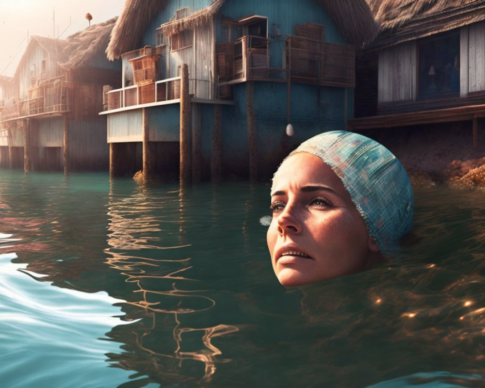 Woman in swimming cap submerged in water with rustic stilt houses in background