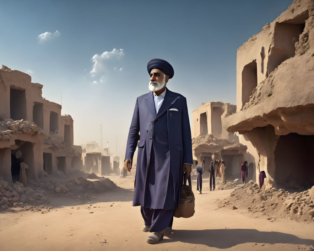 Elegantly Dressed Man in Turban Walks Through Traditional Village Street