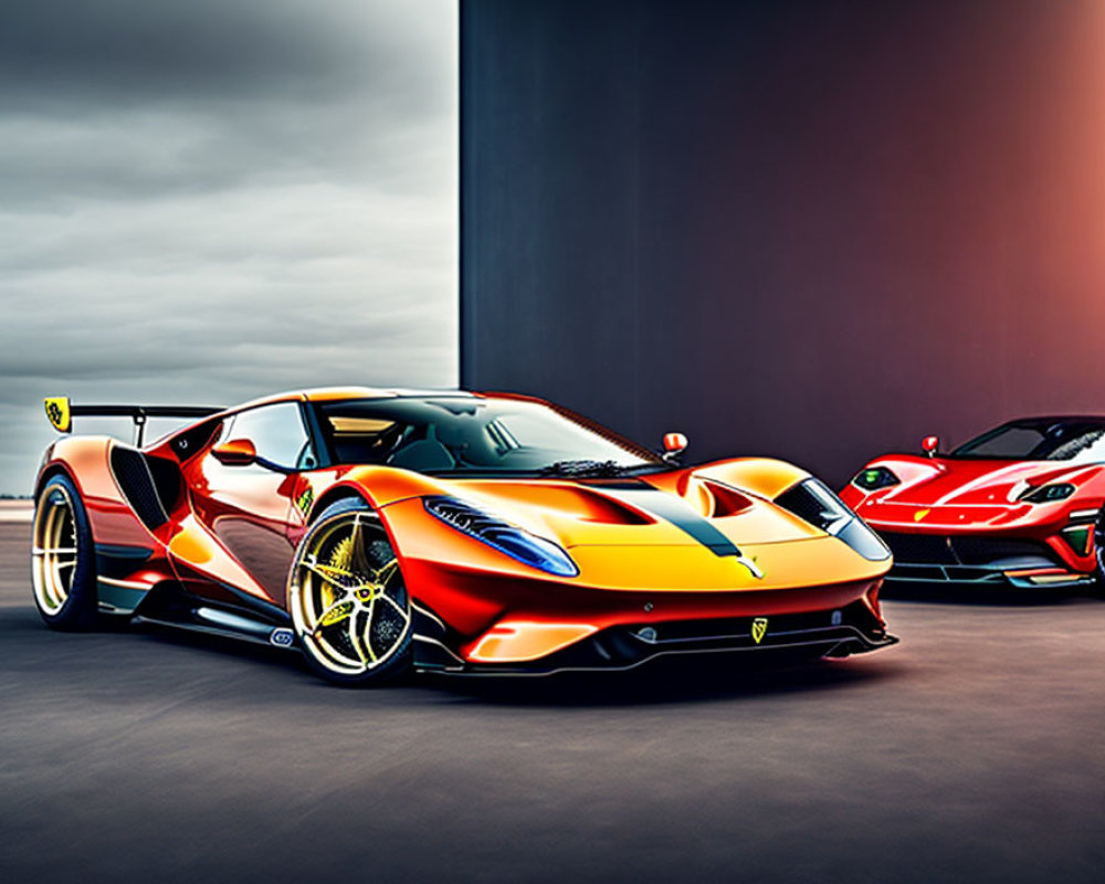 Red and Yellow Ferrari Sports Cars Against Moody Sky