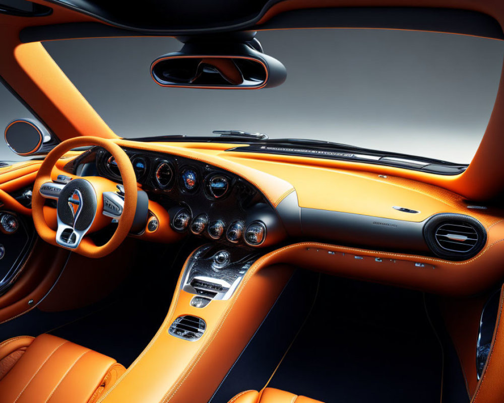 Orange Leather Luxury Car Interior with Curved Dashboard & Chrome Accents