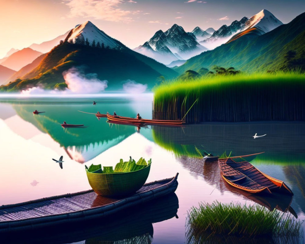 Tranquil lake scene with boats, green hills, birds, and colorful water at sunrise or sunset