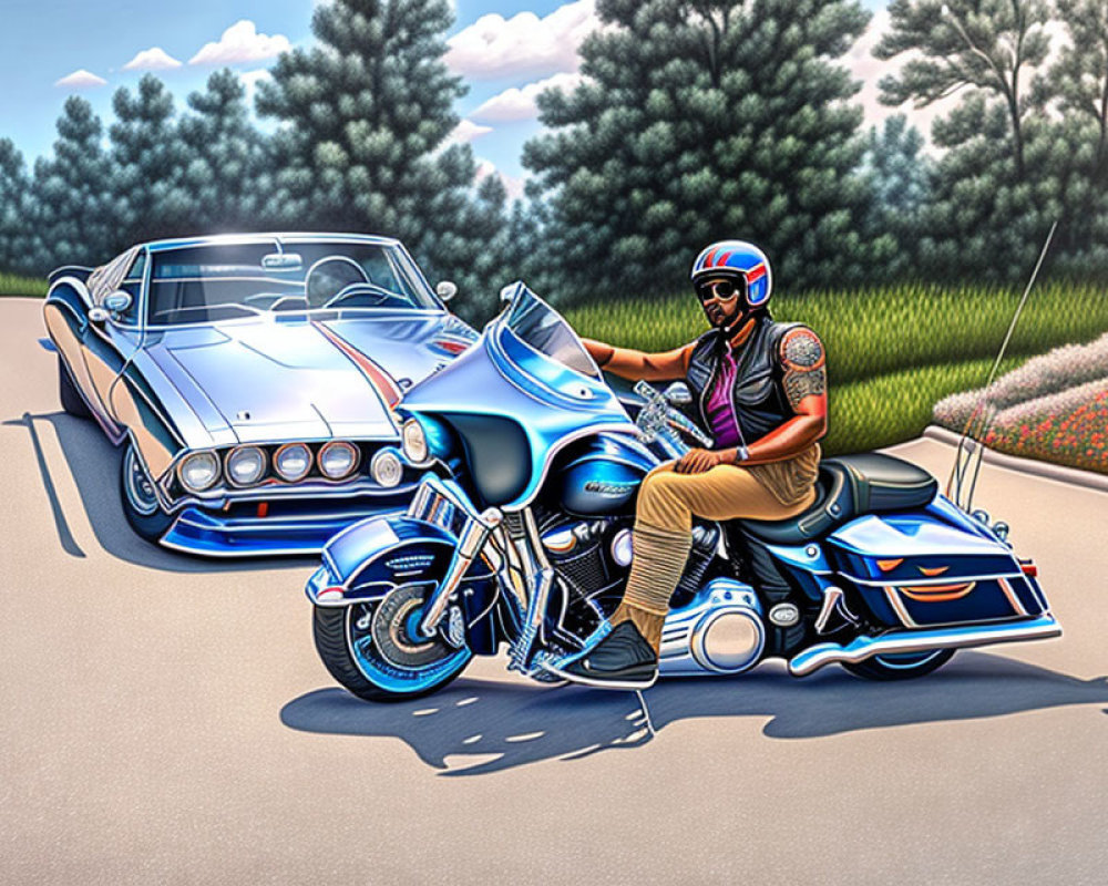 Person with helmet and tattoos on classic motorcycle next to vintage car on sunny road