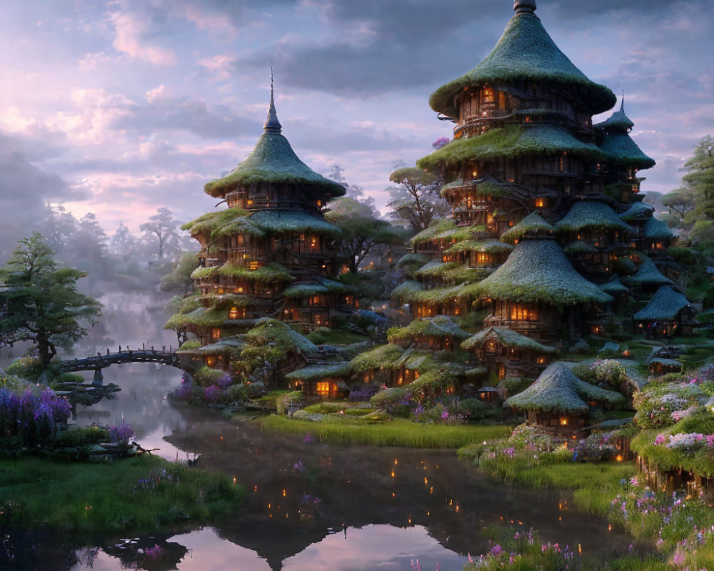 Fantasy Pagoda Buildings in Lush Garden at Twilight