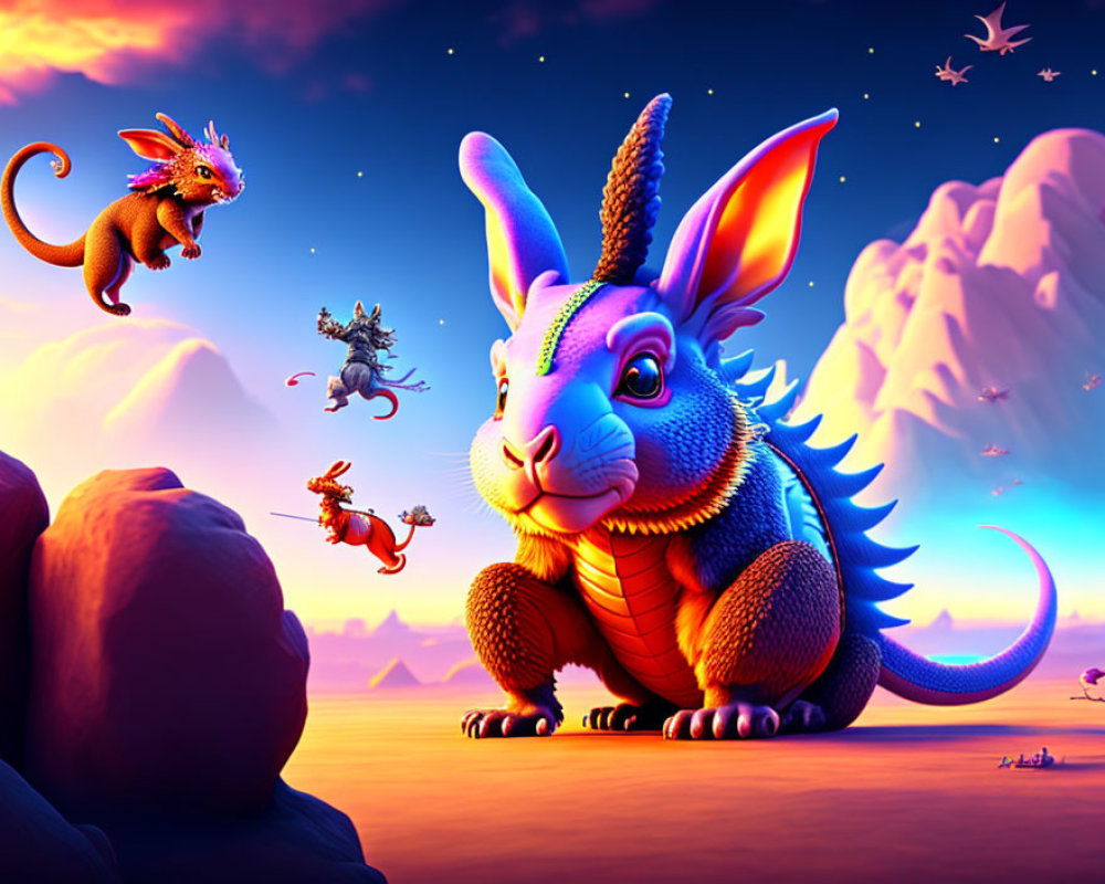 Colorful creatures with rabbit and dragon features in twilight sky