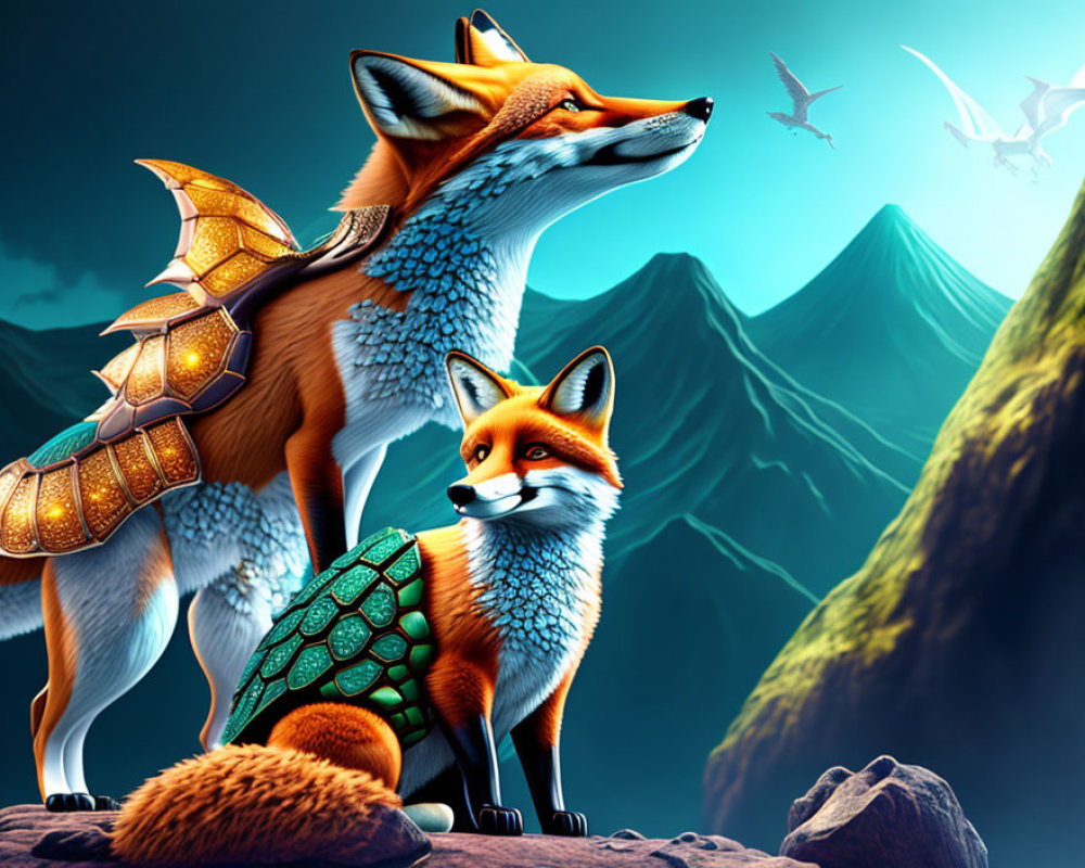 Stylized foxes with armor-like patterns on rocky terrain