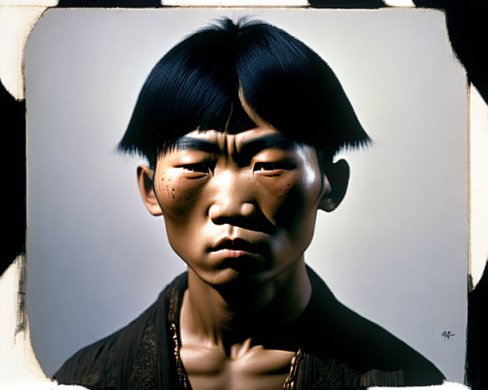 Person with Straight Black Hair and Freckles in Theatrical Mask-like Makeup on Dark Background