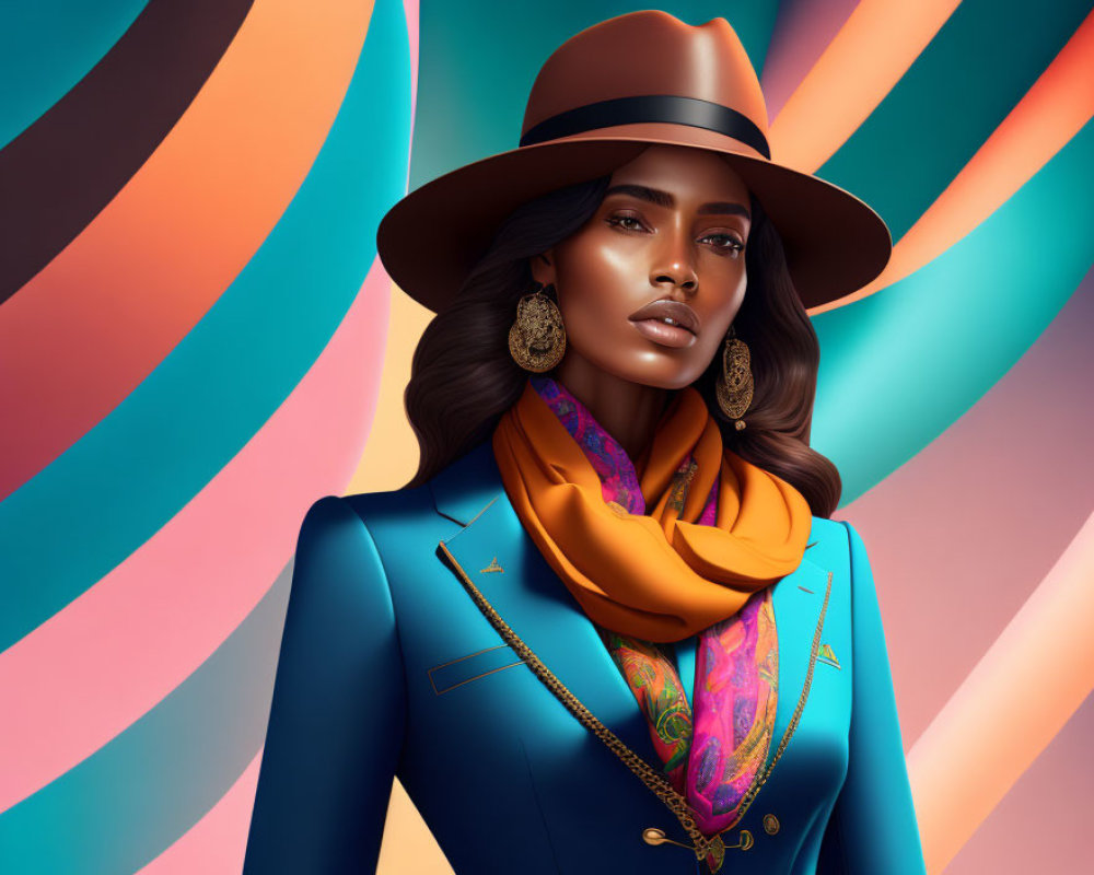 Fashionable Woman Illustration with Wide-Brimmed Hat and Blue Blazer