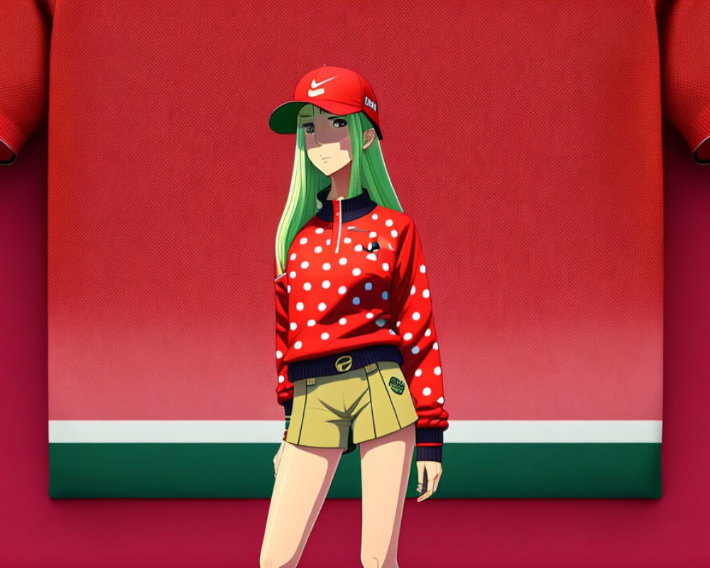 Green-haired animated character in red sweater, yellow shorts, and Nike cap on red background