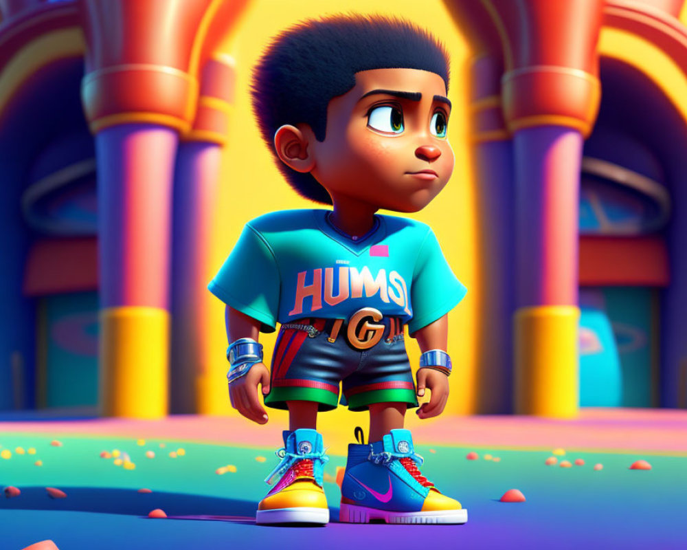 Young boy with high-top fade in vibrant outfit stands in colorful setting
