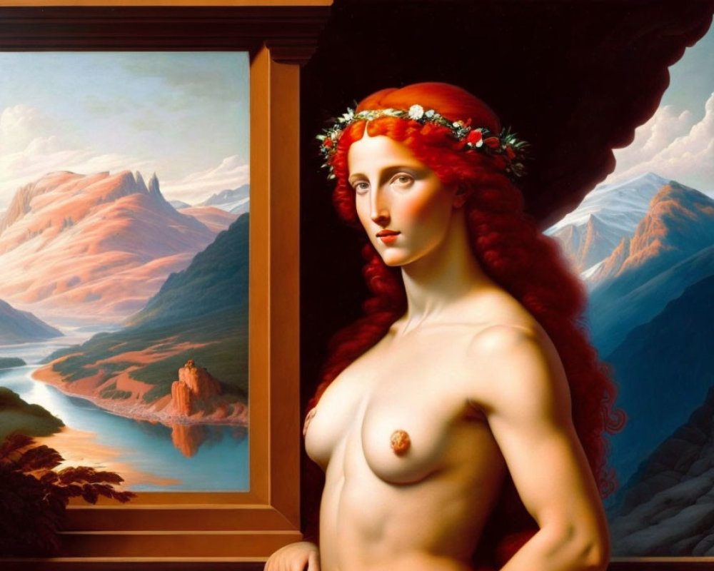Red-haired woman with laurel wreath in classic painting with mountainous landscape.