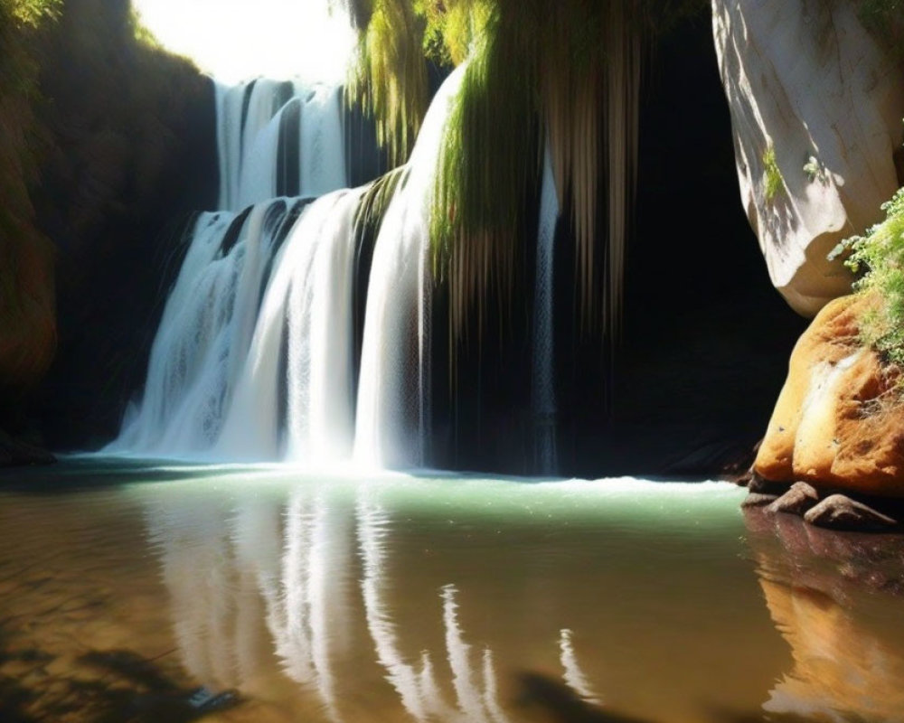 Tranquil waterfall in lush greenery with sunlight filtering through