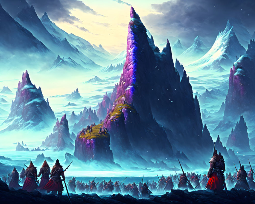 Fantastical landscape with icy mountains and cloaked figures holding spears
