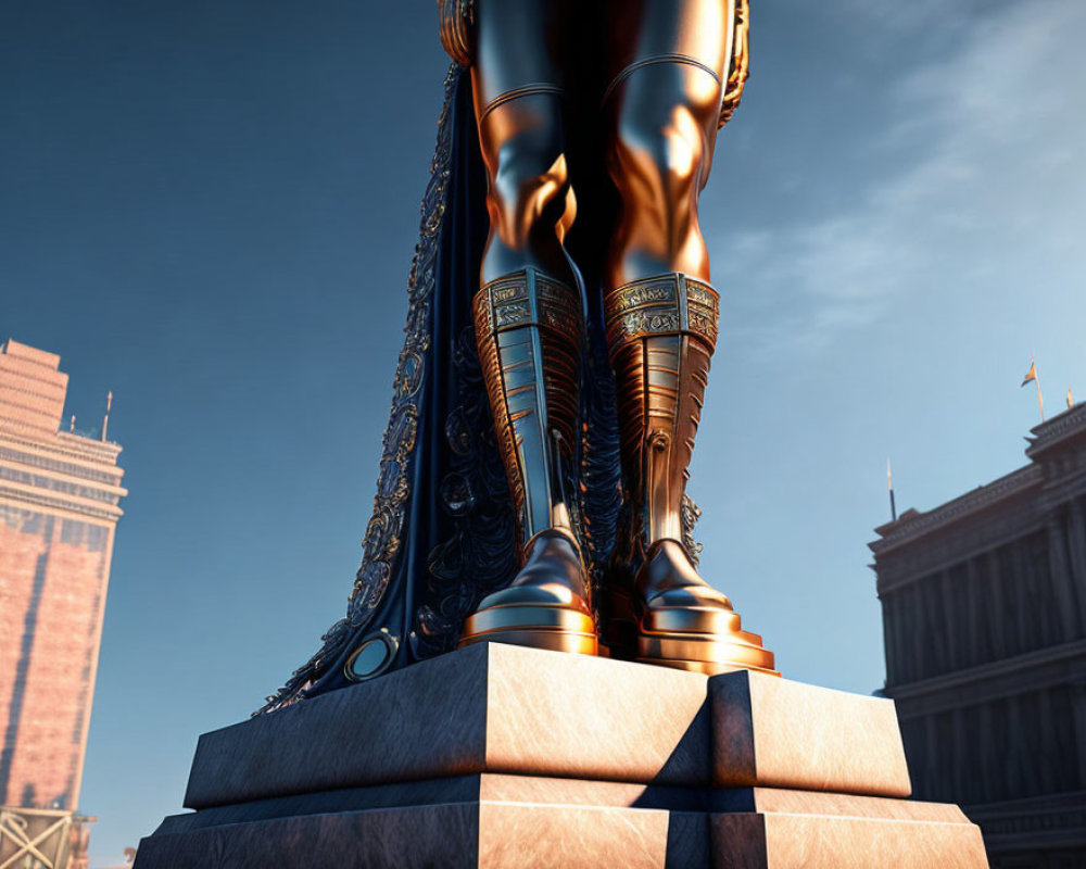 Golden Statue of Legs in Greaves on Pedestal with Intricate Designs against Classical Architecture and Blue