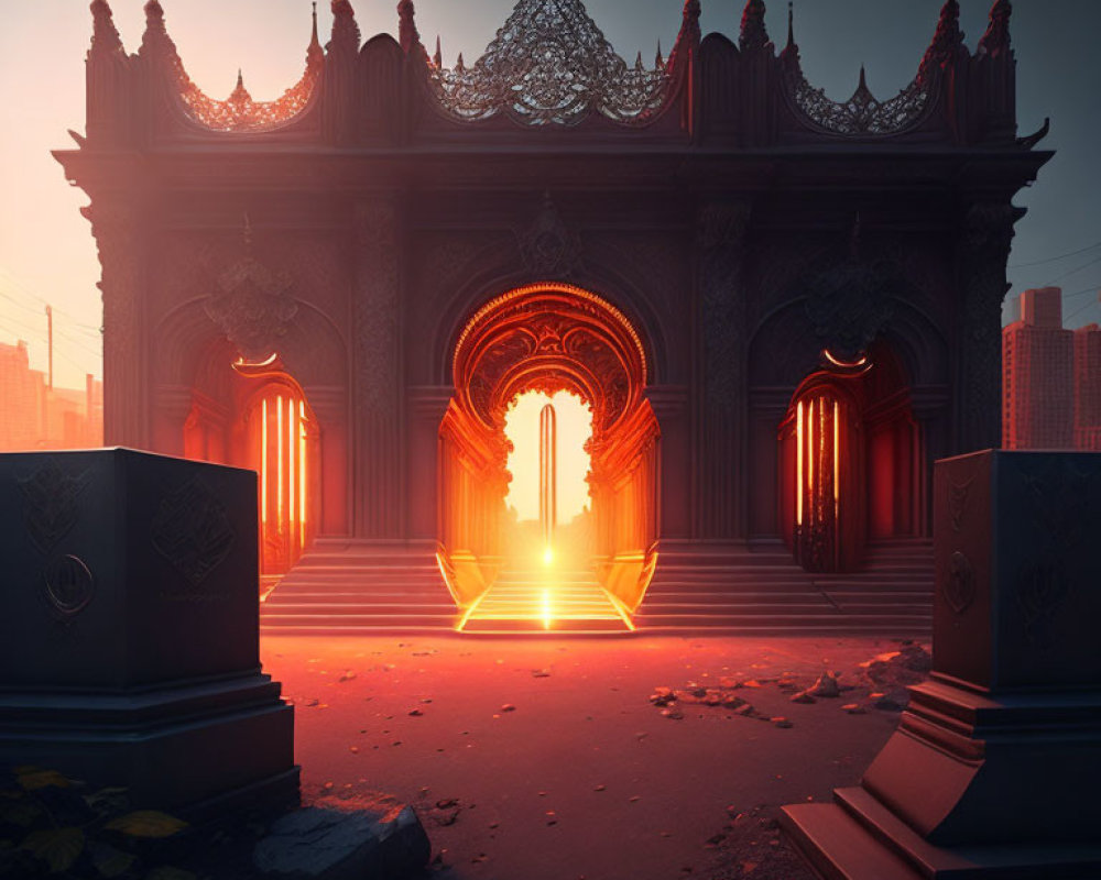 Intricate Gothic portal under reddish sky with warm sunset light