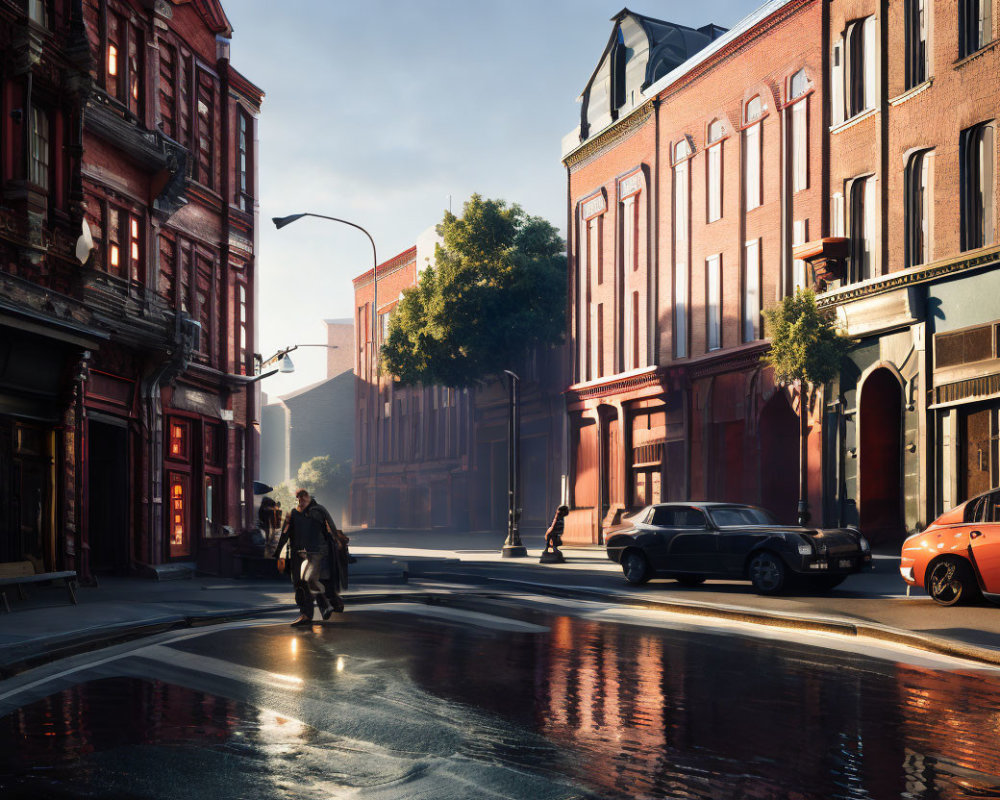 Quiet city street with classic architecture and pedestrians under sunlight