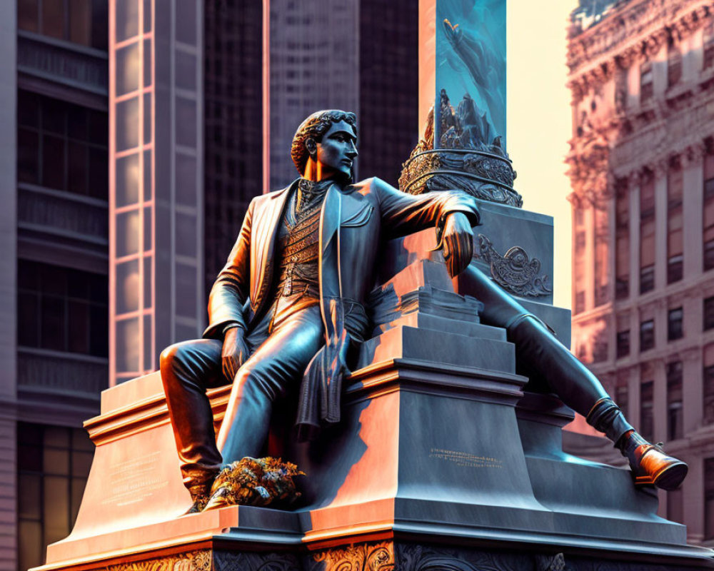 Historical figure bronze statue in regal attire against urban backdrop