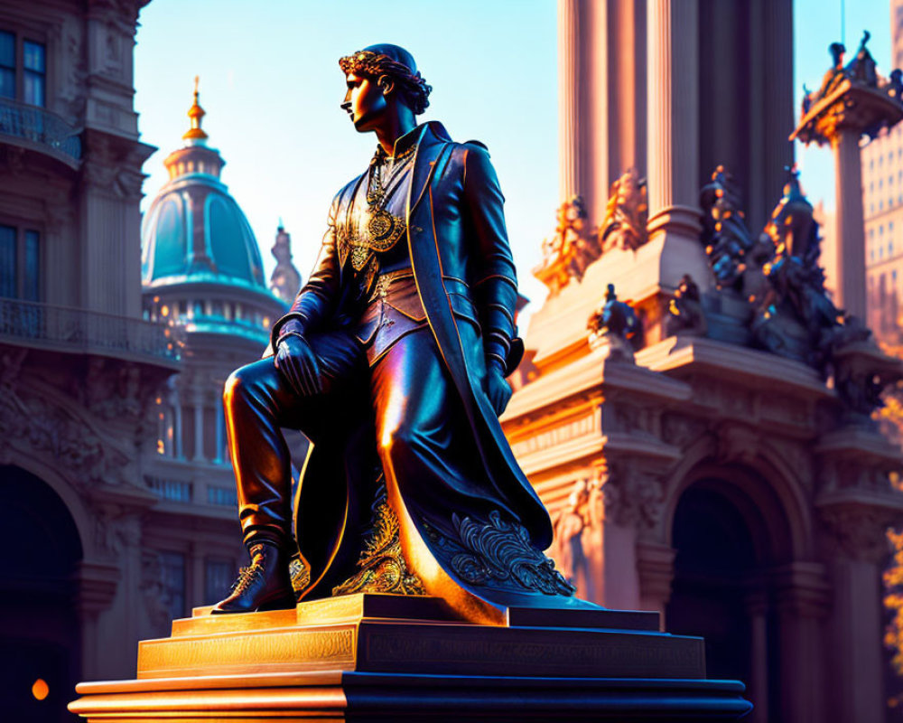 Seated man bronze statue with book, historical attire, ornate building backdrop