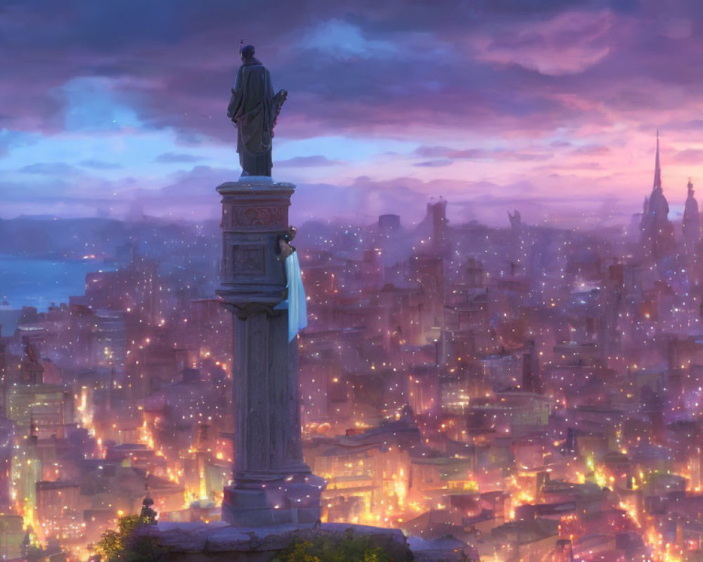 Person in White Outfit Sitting on Tall Column Overlooking Luminous City at Twilight