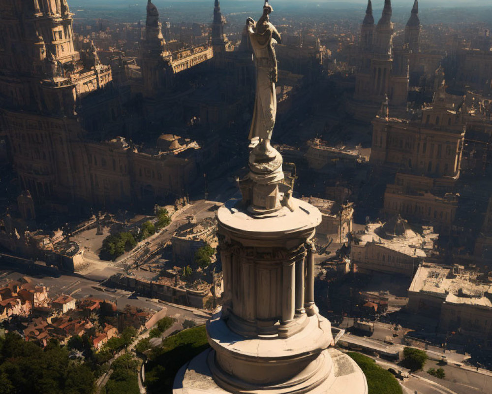 Cityscape with Statue and Historical Buildings in Aerial View