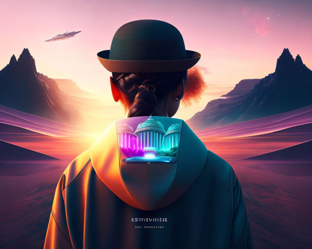 Illustration of person with futuristic headpiece and cityscape at sunset