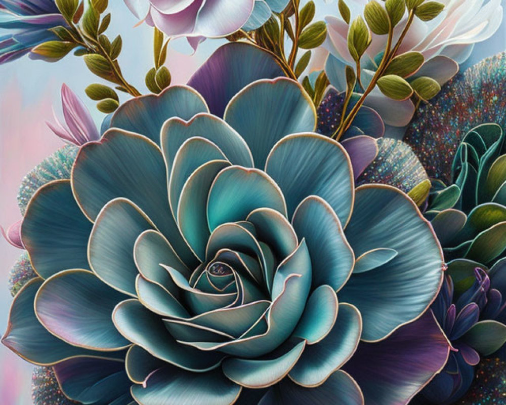 Colorful painting of teal and pink roses with shimmering accents and botanical elements on a soft backdrop
