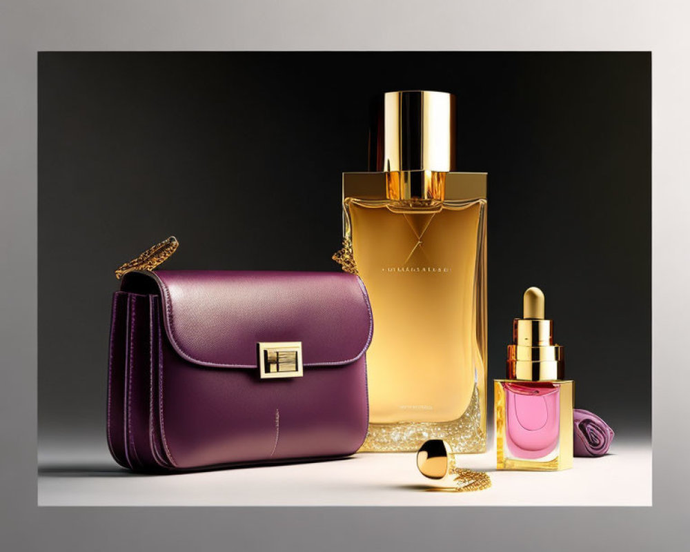 Luxurious Purple Handbag, Golden Perfume Bottle, Serum, and Makeup on Beige Surface